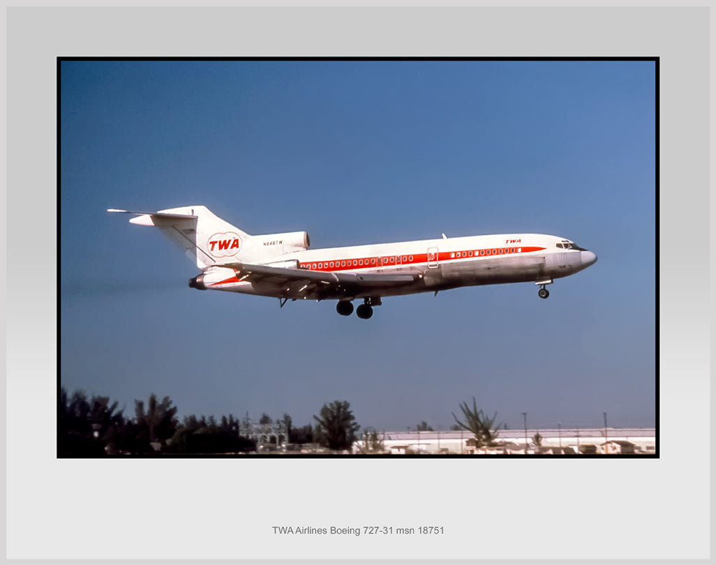 TWA Airlines Boeing 727-31 Color Photograph (I180RAFH11X14)