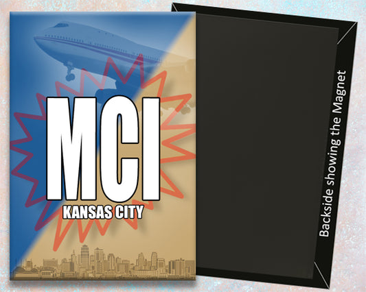 2.25"x3.25" handmade fridge magnet of MCI Kansas City Airport IATA city code