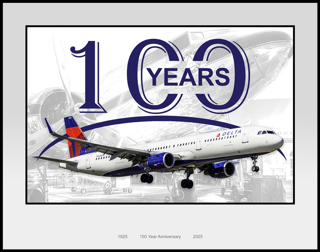 Delta Air Lines airplane with '100 Years'.
