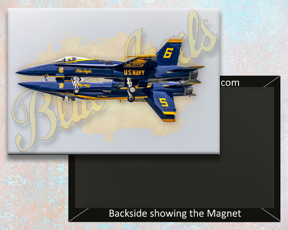 US Navy Blue Angels jet magnet on a decorative background with 'Blue Angels' text.