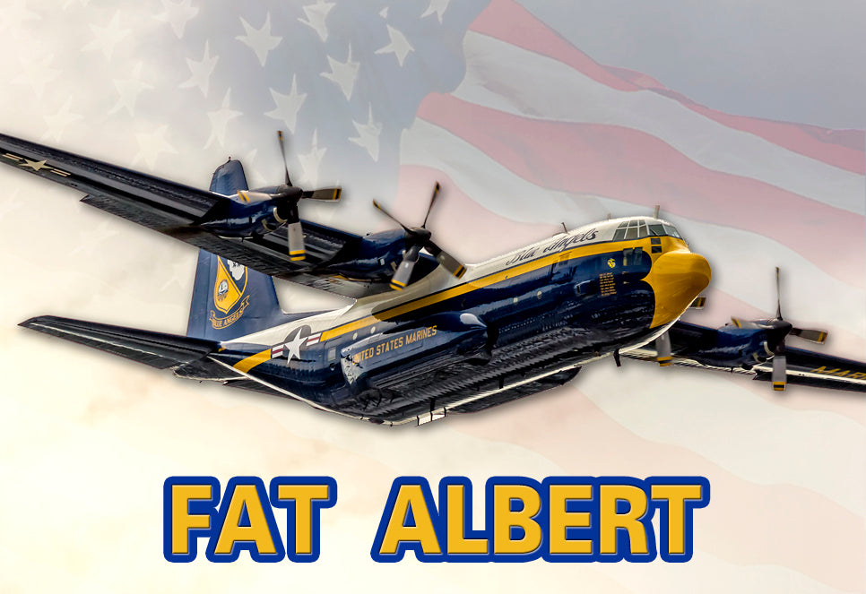 Fridge magnet of a large aircraft with 'Fat Albert' text against an American flag background
