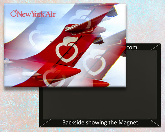 A fridge magnet featuring the New York Air tail logo with a clear mylar covering and a visible backside magnetic surface.
