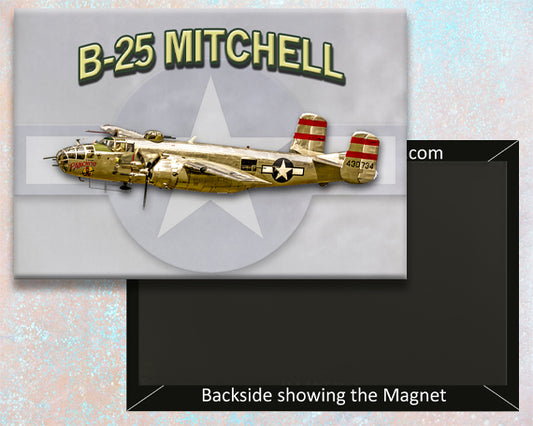 A fridge magnet with a B-25 Mitchell aircraft with a clear mylar covering over it, set against a backdrop showing the aircraft.