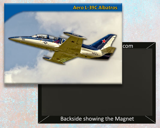 A handmade magnet featuring an image of the Aero L-39C Albatros military aircraft with a backdrop showing the sky.