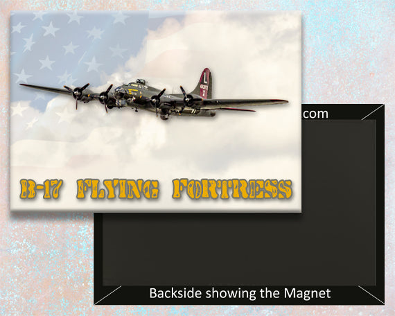 A fridge magnet featuring a color image of a B-17 Flying Fortress aircraft with a cloudy sky background. The magnet has text indicating it is a 'B-17 Flying Fortress' model.