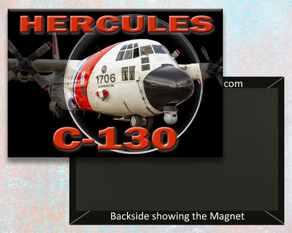 A fridge magnet featuring the image of a Coast Guard C-130 Hercules airplane with a red and white color scheme. The magnet has a black background with the text 'HERCULES' and the model number 'C-130' prominently displayed.
