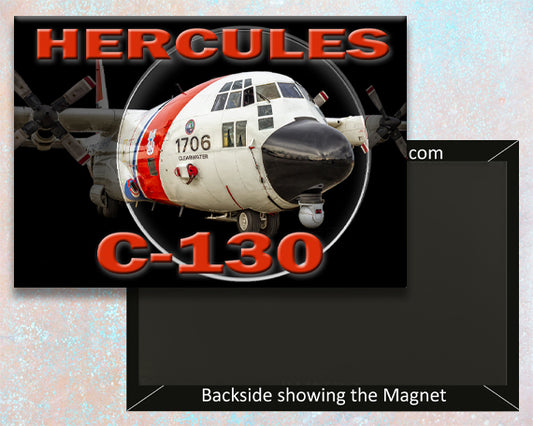 A fridge magnet featuring the image of a Coast Guard C-130 Hercules airplane with a red and white color scheme. The magnet has a black background with the text 'HERCULES' and the model number 'C-130' prominently displayed.