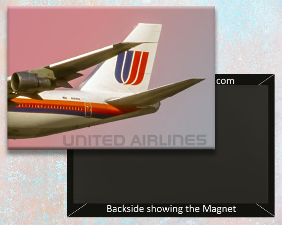 A fridge magnet featuring the United Airlines Boeing 747 tail logo, with a clear mylar covering and a visible magnet backing.